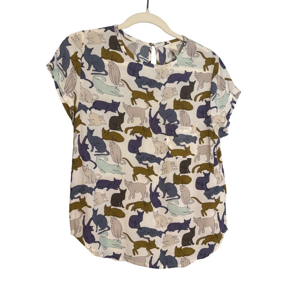 H&M Womens Cat Print Blouse Short Sleeve Blue White Size 4 Novelty Print
